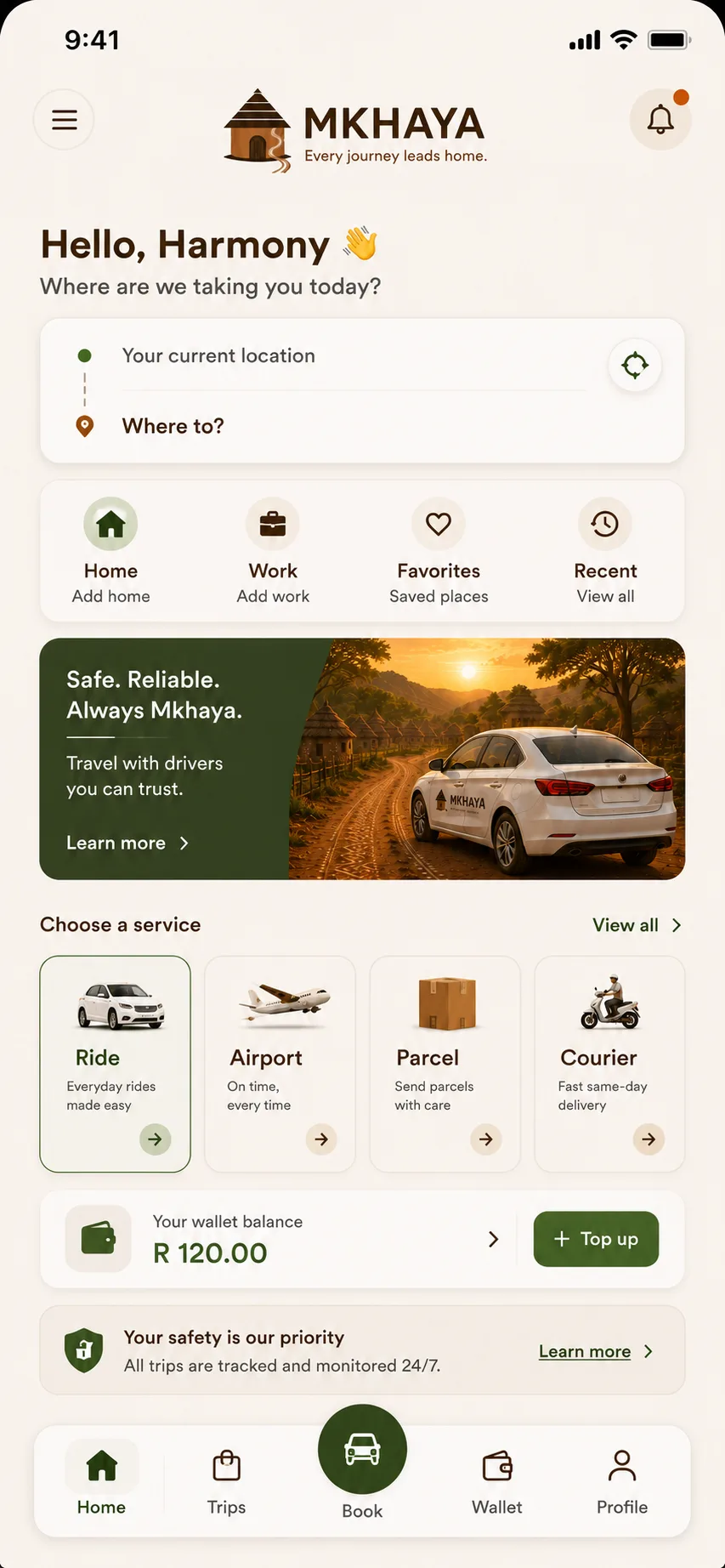 Mkhaya home screen showing ride booking