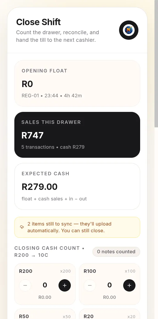 Close Shift screen: opening float, sales this drawer, expected cash, a note that 2 items are still to sync, and a note-by-note cash count