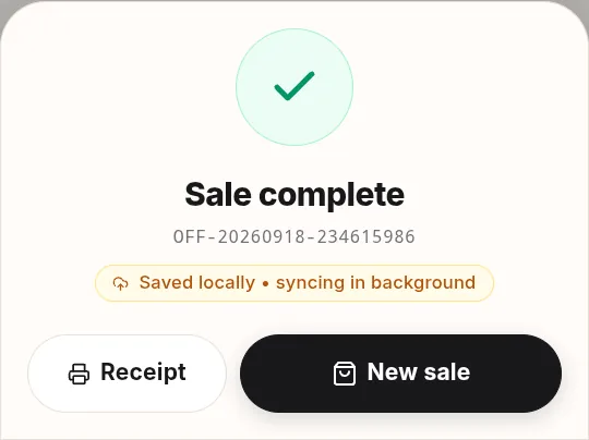 Sale complete with an offline receipt number and the status Saved locally, syncing in background
