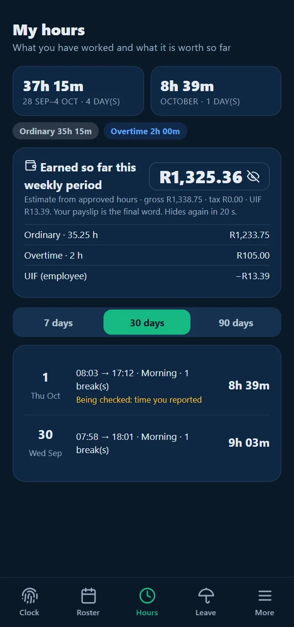 My hours screen: 37h 15m this week including 2 hours of overtime, and an estimate of R1,325.36 earned so far after UIF