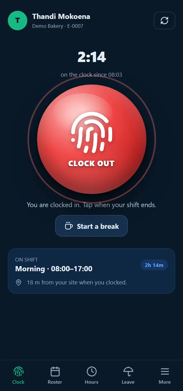 App screen while clocked in: a red Clock out button, 2:14 on the clock since 08:03, a Start a break button and the note 18 m from your site when you clocked