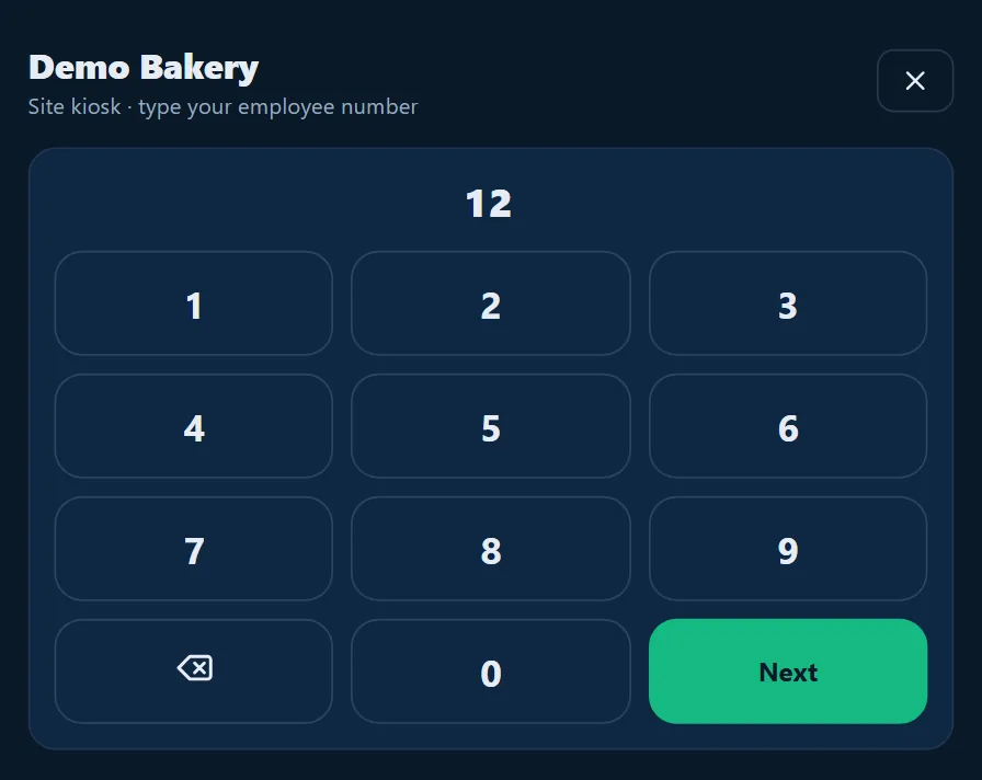 Site kiosk screen for Demo Bakery: a number pad with employee number 12 typed in and an emerald Next key