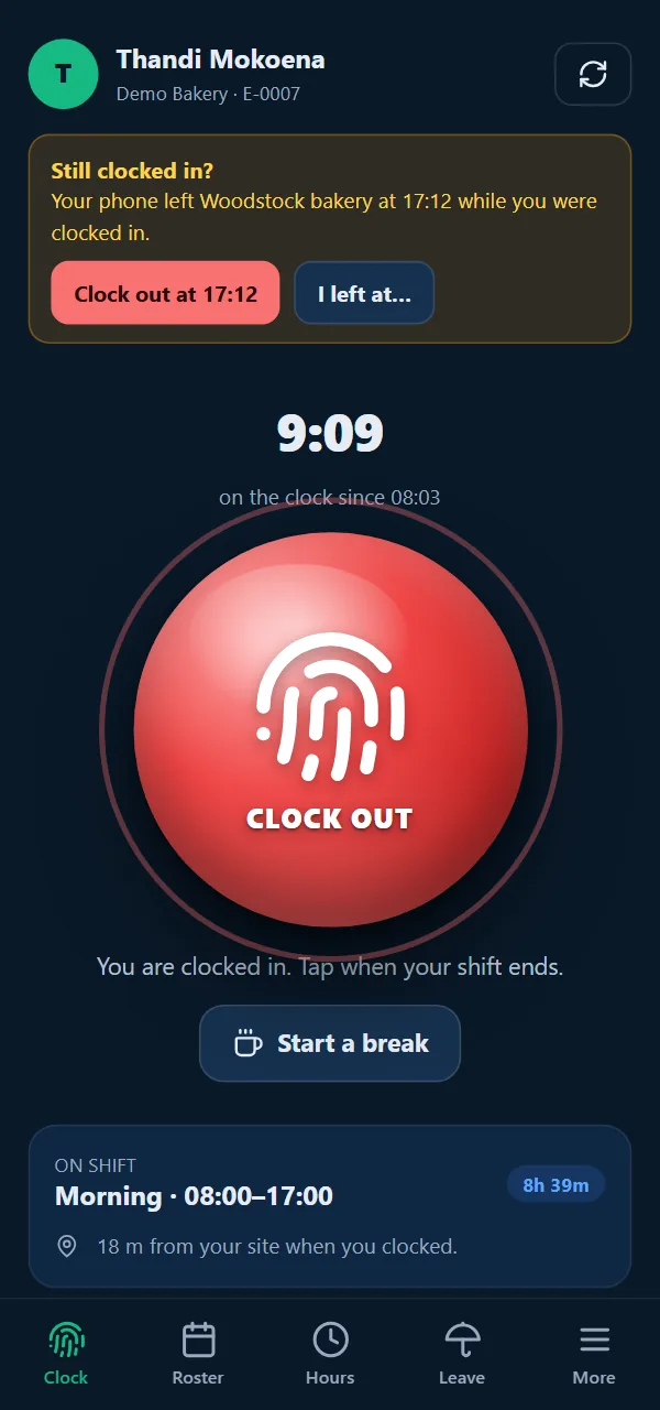 Still clocked in? banner: your phone left Woodstock bakery at 17:12 while you were clocked in, with the buttons Clock out at 17:12 and I left at