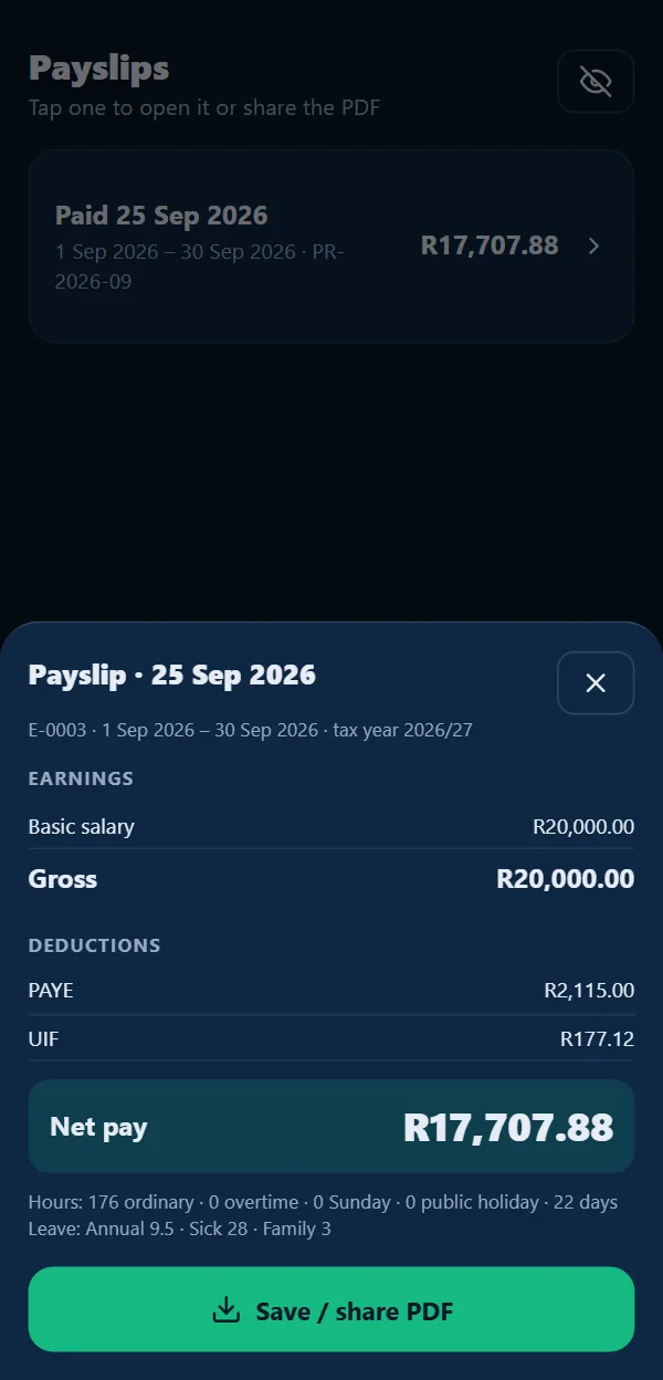 Payslip for 25 September 2026: basic salary R20,000.00, PAYE R2,115.00, UIF R177.12, net pay R17,707.88, and a Save or share PDF button