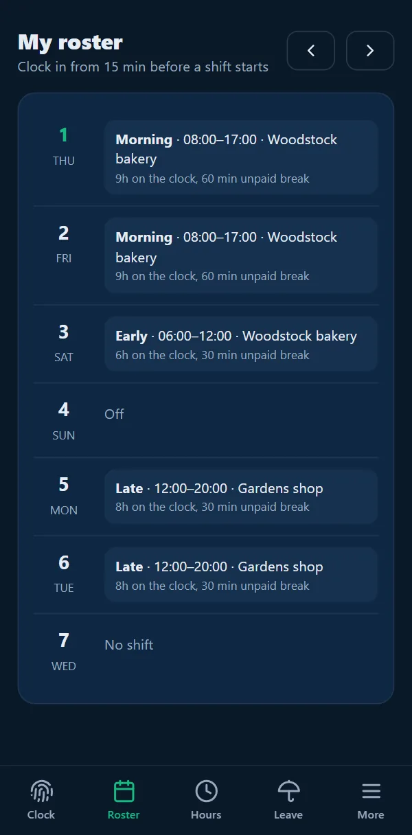 My roster screen: a week of shifts such as Morning 08:00 to 17:00 at Woodstock bakery with a 60 minute unpaid break, and Sunday off