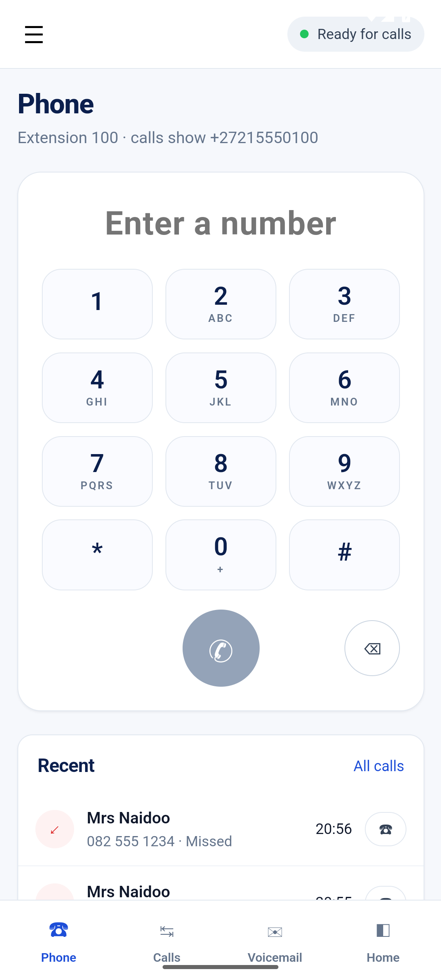 The iNdex Voice app dial pad showing extension 100, ready for calls